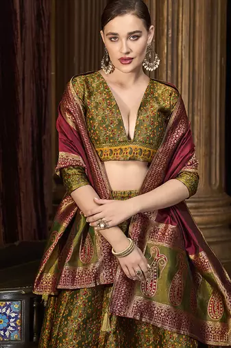 Olive Green Kanjivaram Jacquard Woven Work Lehenga choli
