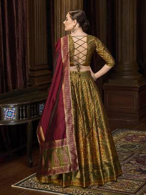 Olive Green Kanjivaram Jacquard Woven Work Lehenga choli 3