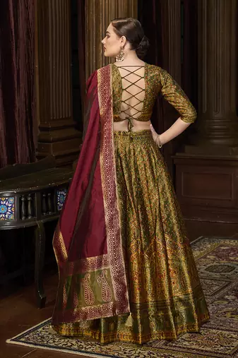 Olive Green Kanjivaram Jacquard Woven Work Lehenga choli