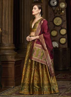 Olive Green Kanjivaram Jacquard Woven Work Lehenga choli 4