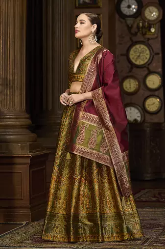 Olive Green Kanjivaram Jacquard Woven Work Lehenga choli