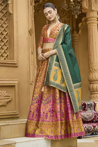 Yellow Kanjivaram Jacquard Woven Work Lehenga choli