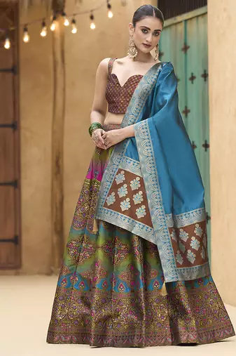 Designer Lehenga Choli Jacquard Kanjiwaram silk in Brown