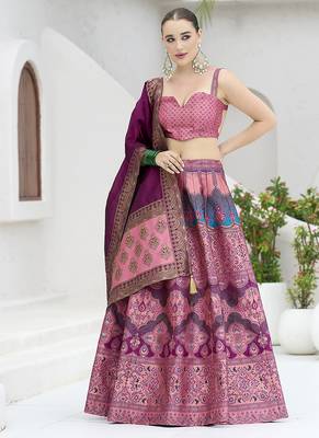 Lehenga Choli Jacquard Kanjiwaram silk blend in Pink 1