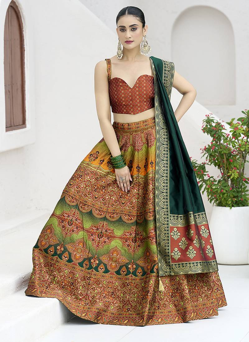Designer Lehenga Choli Jacquard Kanjiwaram silk in Rust