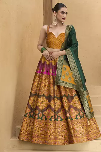 Lehenga Choli Jacquard Kanjiwaram silk blend in Yellow