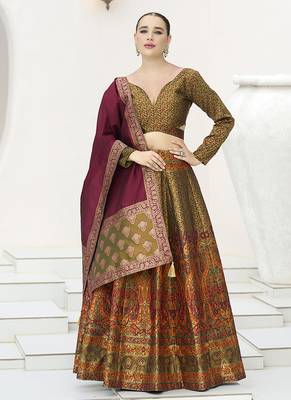 Olive Green Kanijwaram Jacquard Woven Lehenga Choli 1