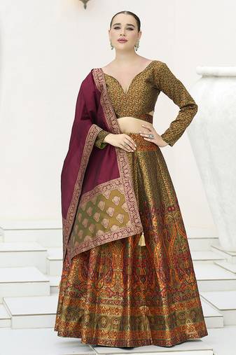 Olive Kanijwaram Jacquard Designer Lehenga Choli For Ceremonial