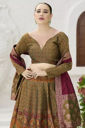 Olive Green Kanijwaram Jacquard Woven Lehenga Choli