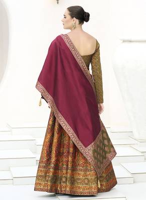 Olive Green Kanijwaram Jacquard Woven Lehenga Choli 3