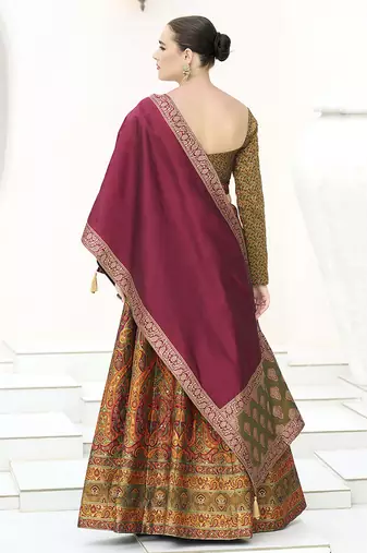 Olive Green Kanijwaram Jacquard Woven Lehenga Choli