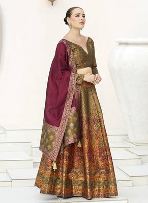 Olive Green Kanijwaram Jacquard Woven Lehenga Choli 4