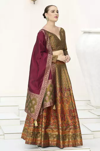 Olive Green Kanijwaram Jacquard Woven Lehenga Choli