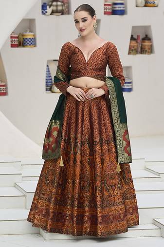 Rust Kanijwaram Jacquard Designer Lehenga Choli For Ceremonial