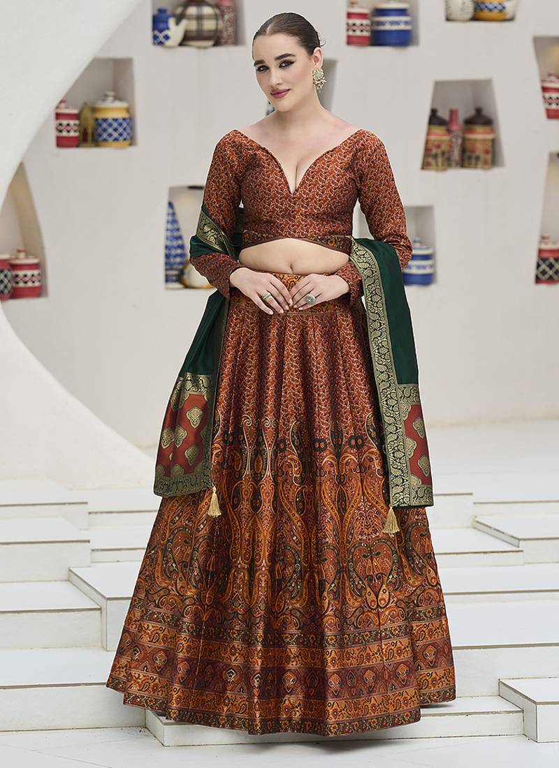 Rust Kanijwaram Jacquard Designer Lehenga Choli For Ceremonial