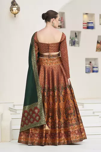 Rust Kanijwaram Jacquard Designer Lehenga Choli For Ceremonial