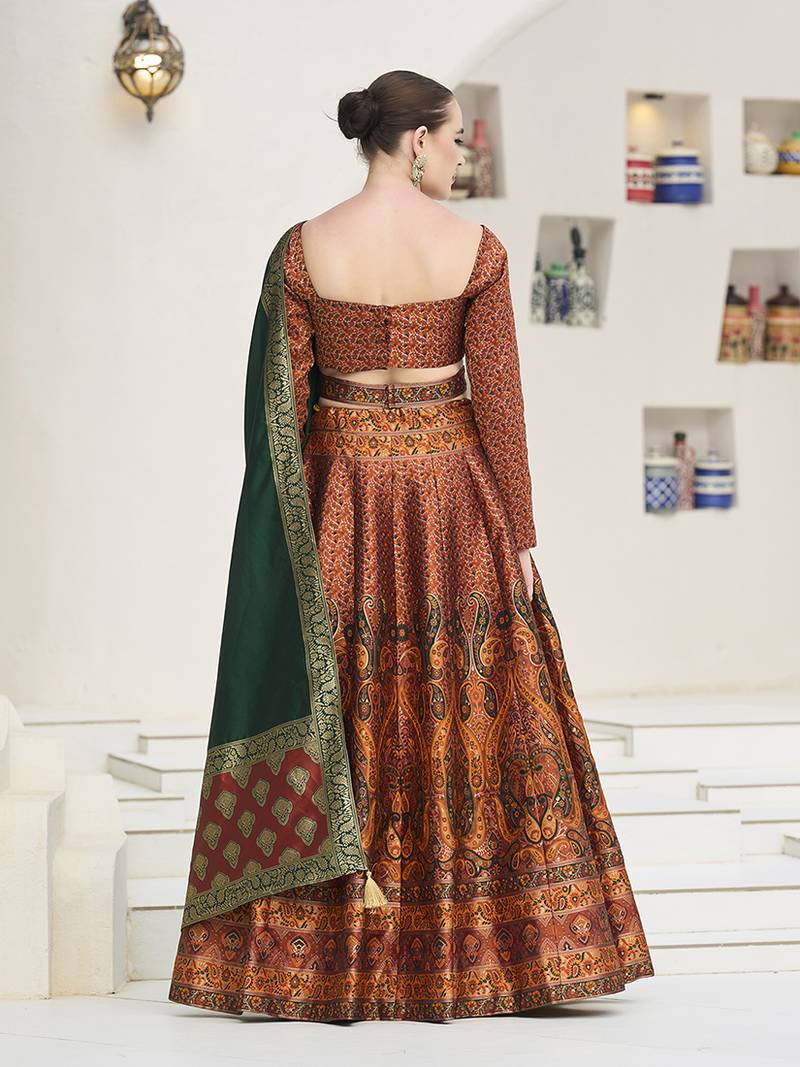 Rust Kanijwaram Jacquard Designer Lehenga Choli For Ceremonial