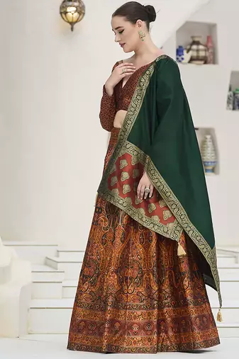 Rust Kanijwaram Jacquard Designer Lehenga Choli For Ceremonial
