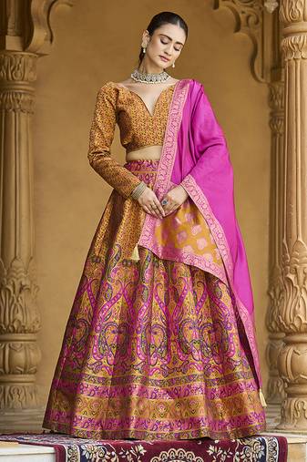 Yellow Kanijwaram Jacquard Designer Lehenga Choli For Ceremonial