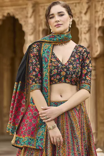Multi color Jacquard Woven Lehenga Choli