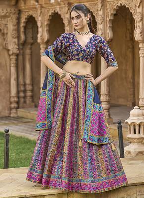 Navy blue color Jacquard Woven Lehenga Choli 1