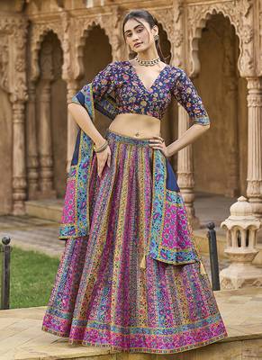 Navy blue color Jacquard Woven Lehenga Choli 3