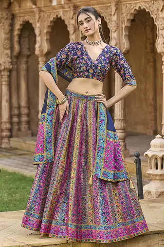 Navy blue color Jacquard Woven Lehenga Choli