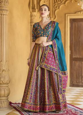 Turquoise color Jacquard Woven Lehenga Choli 1