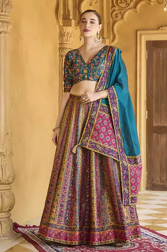 Turquoise color Jacquard Designer Lehenga Choli For Festival