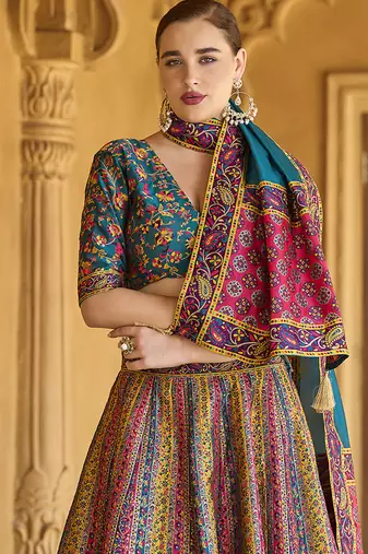 Turquoise color Jacquard Woven Lehenga Choli