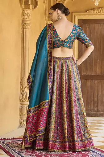 Turquoise color Jacquard Woven Lehenga Choli