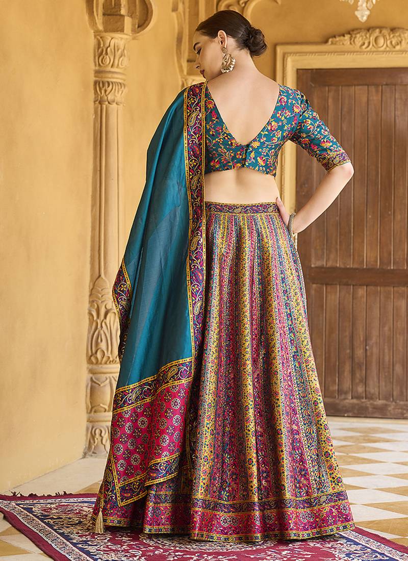 Turquoise color Jacquard Designer Lehenga Choli For Festival