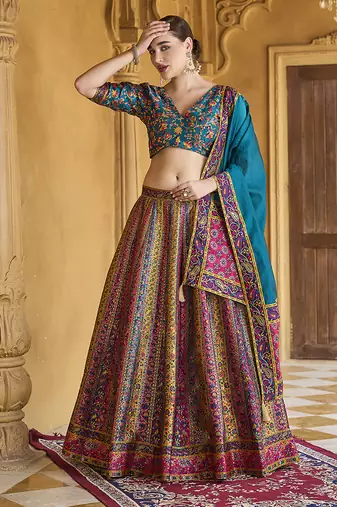Turquoise color Jacquard Woven Lehenga Choli