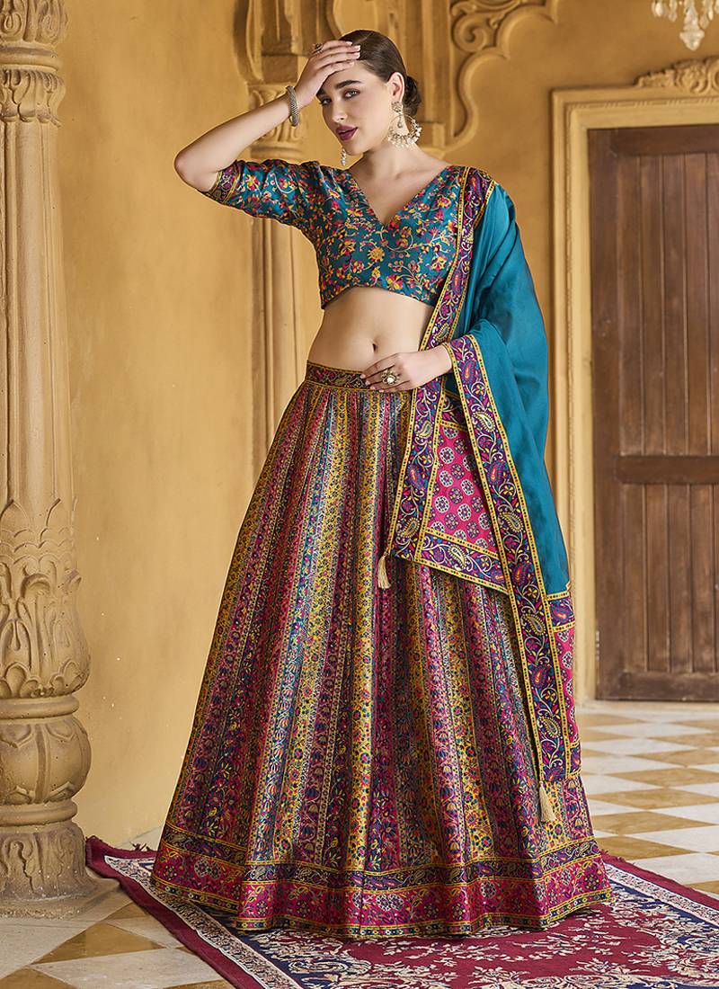 Turquoise color Jacquard Designer Lehenga Choli For Festival