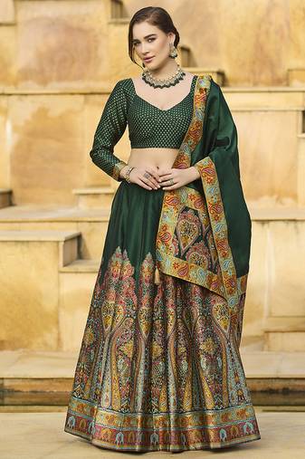 Dark Green Color Jacquard  Designer Work Lehenga Choli For Ceremonial