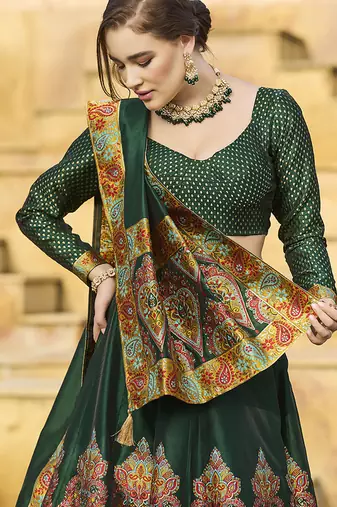 Dark Green Color Jacquard Woven  Work Lehenga Choli