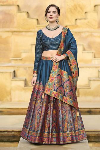 Teal blue Color Jacquard  Designer Work Lehenga Choli For Ceremonial