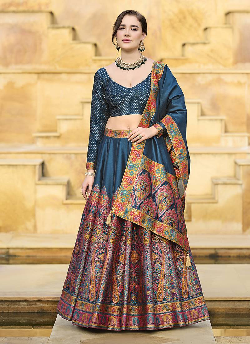 Teal blue Color Jacquard  Designer Work Lehenga Choli For Ceremonial
