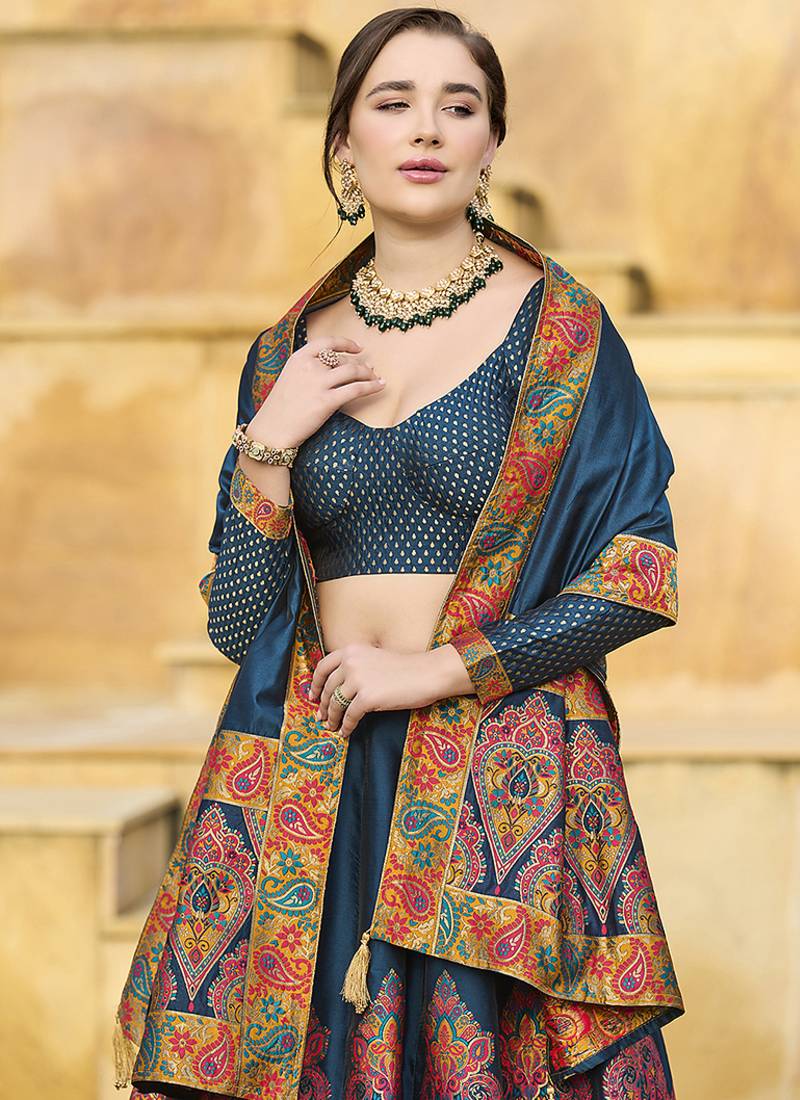 Teal blue Color Jacquard  Designer Work Lehenga Choli For Ceremonial