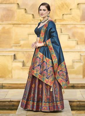 Teal blue Color Jacquard Woven Work Lehenga Choli 4