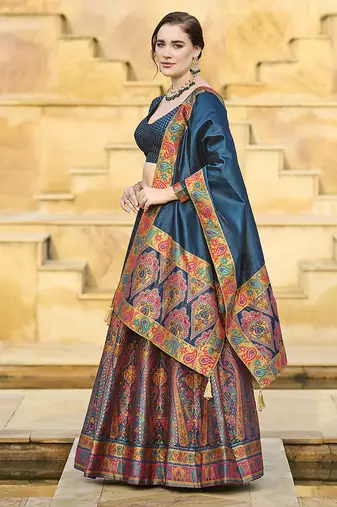 Teal blue Color Jacquard Woven Work Lehenga Choli