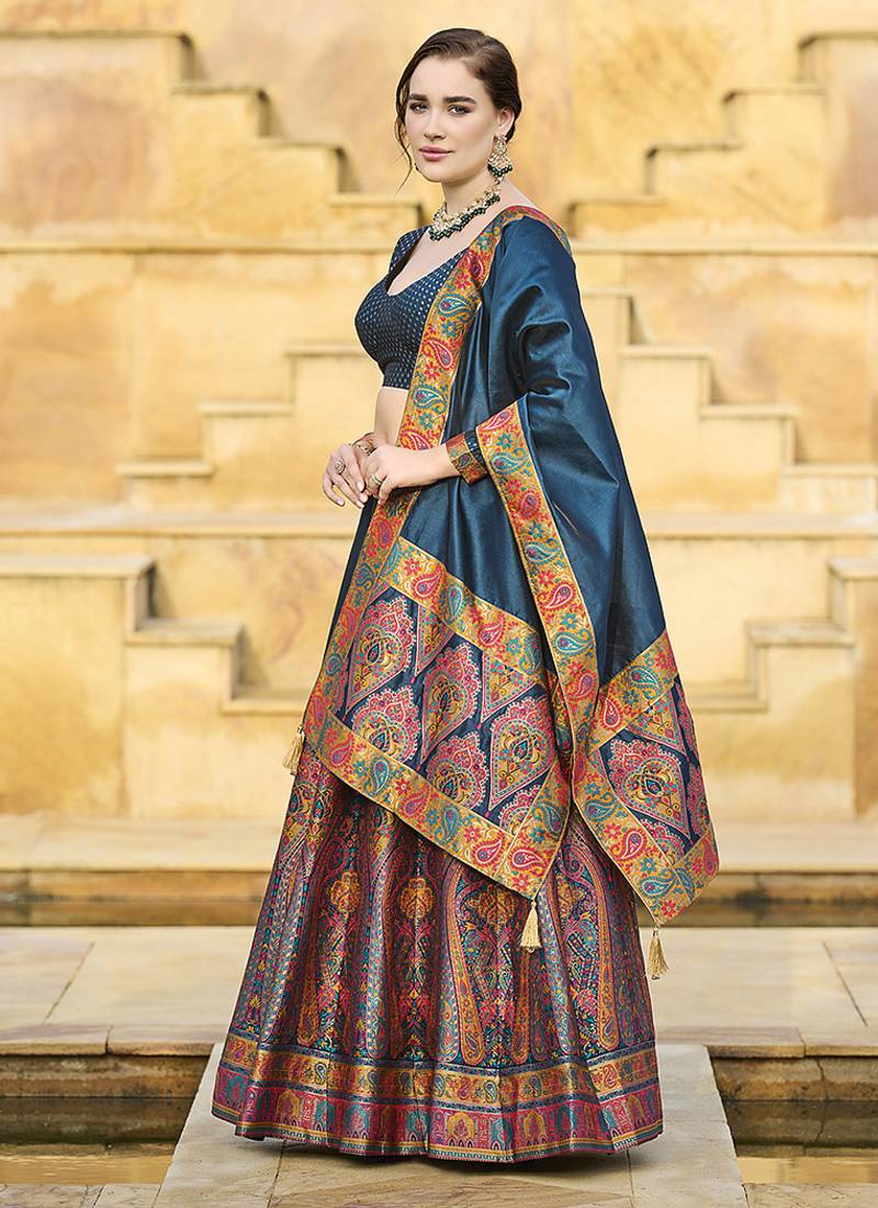 Teal blue Color Jacquard  Designer Work Lehenga Choli For Ceremonial