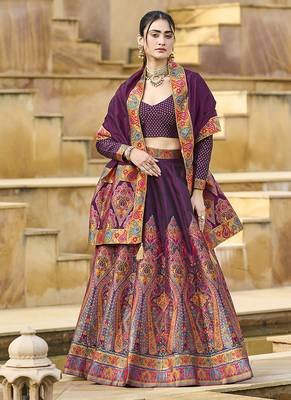 Wine Color Jacquard Woven Work Lehenga Choli 1