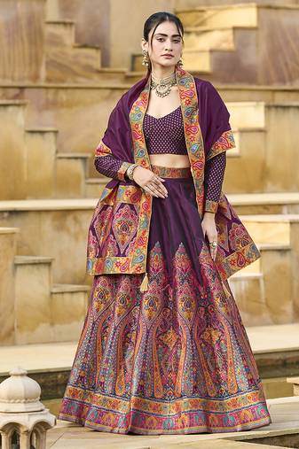 Wine Color Jacquard  Designer Work Lehenga Choli For Ceremonial