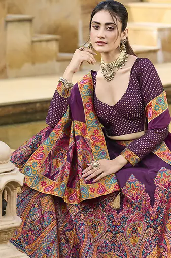 Wine Color Jacquard Woven Work Lehenga Choli