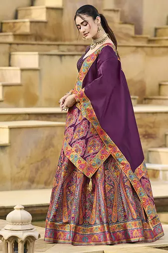 Wine Color Jacquard Woven Work Lehenga Choli