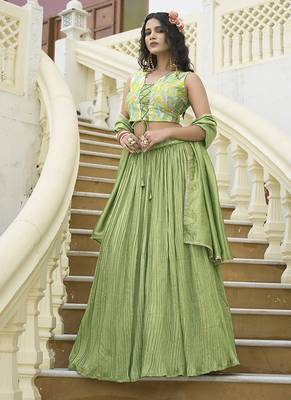 Crush silk blend Lehenga Choli in Light Green 4