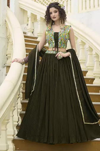 Designer Lehenga Choli Crush Silk in Olive Green