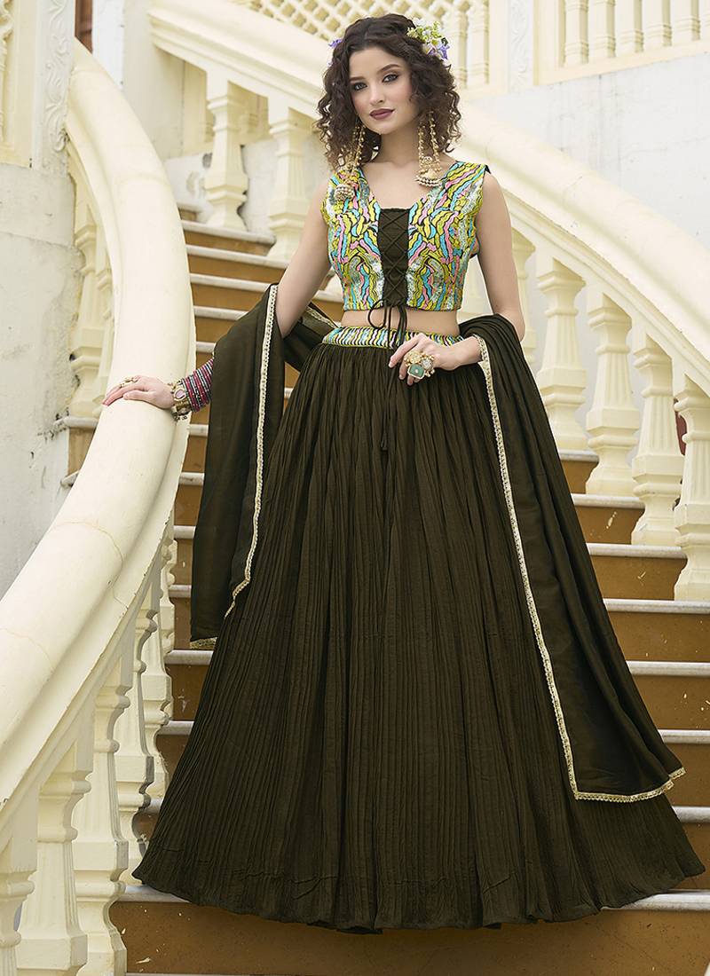 Designer Lehenga Choli Crush Silk in Olive Green