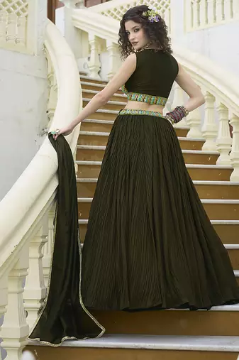 Crush silk blend Lehenga Choli in Olive Green